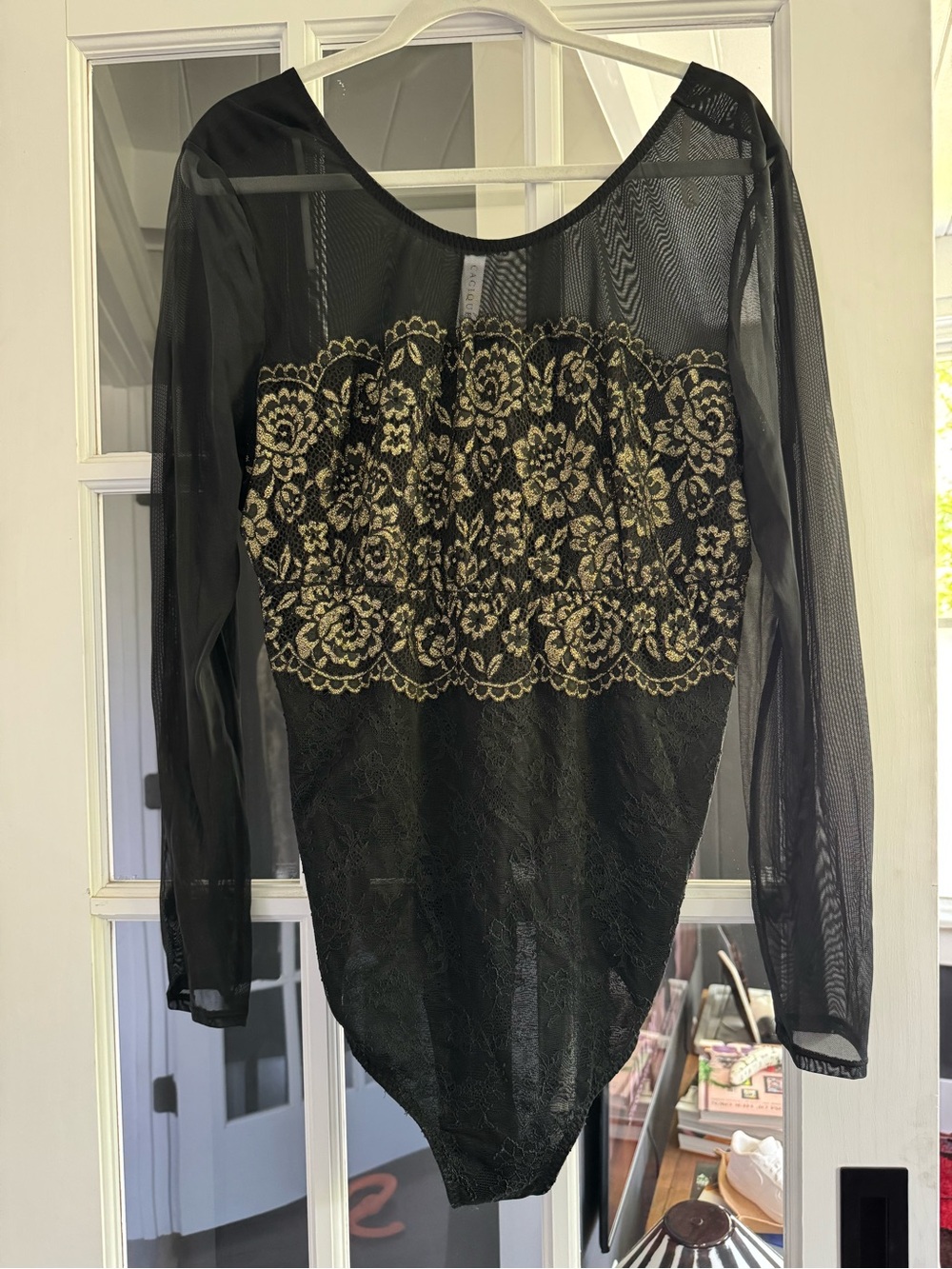 Cacique Black Mesh Bodysuit with Gold Floral Lace